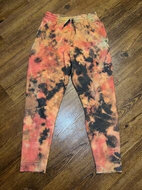 Fruit of the Loom Gray Acid Wash Tie-Dye Cotton Joggers Orange & Red Size M